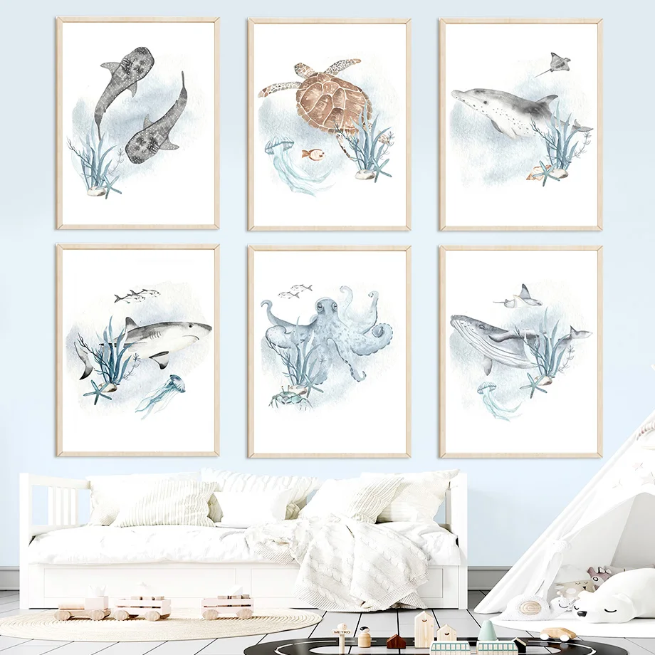 

Watercolor Whale Shark Dolphin Octopus Nursery Nordic Posters And Prints Wall Art Canvas Painting Wall Pictures Child Room Decor