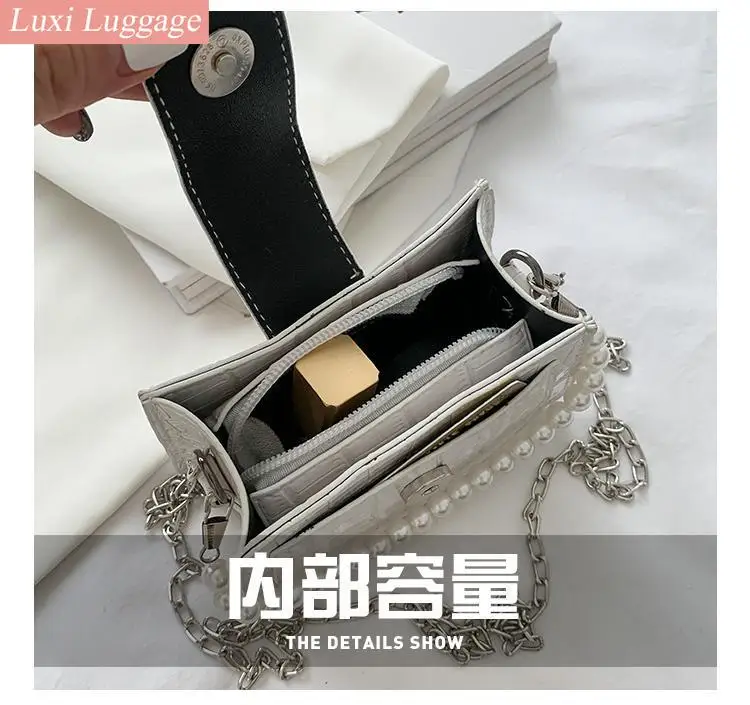 

High Quality Pearl Chain Small Square Bag Female Summer New Fashion Shoulder Bag Portable Stone Grain Messenger Bag