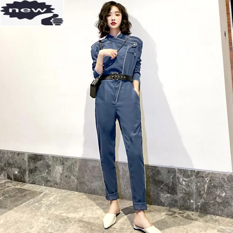 Women Long Sleeve One Piece Jumpsuit Fashion Belted Slim Fit Overalls Cargo Pants Casual Streetwear Rompers Ladies Jumpsuits
