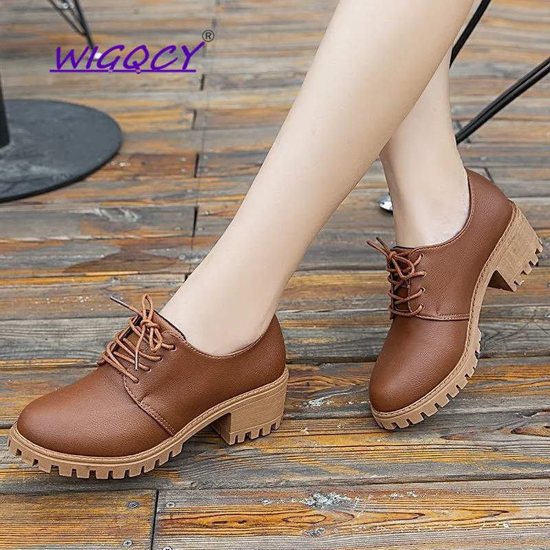 

2021 Toe Leather Square heel Lace-Up Mary Janes Platform pumps women shoes 2019 summer shoes woman British Wind Student shoes