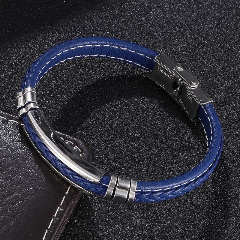 

New Mens Blue Leather Bracelet Stainless Steel Simple Charm Handmade Bracelet Jewelry Bangle Wristband BB1037