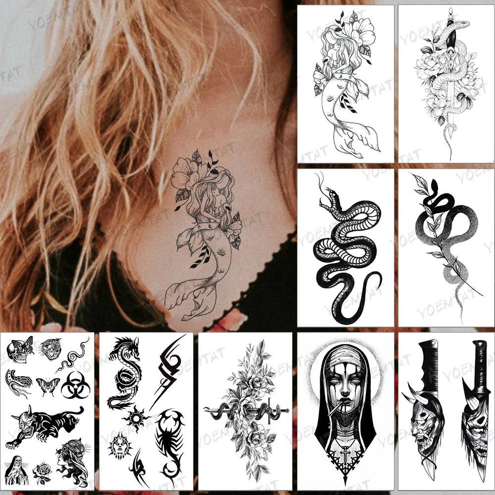 

Водостойкая Временная тату-наклейка, цветок, рыба, Русалка, черный тату, сексуальные руки, ноги, флэш-тату, женщина, мужчина, ребенок, искусст...