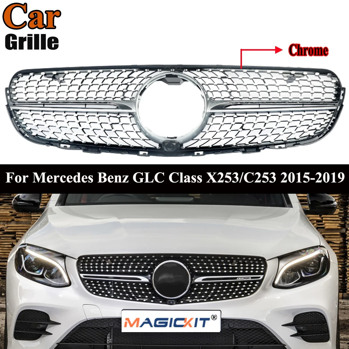 

MagicKit Diamond Silver Edge Front Grille For Mercedes Benz GLC X253 GLC300 GLC350 15-19