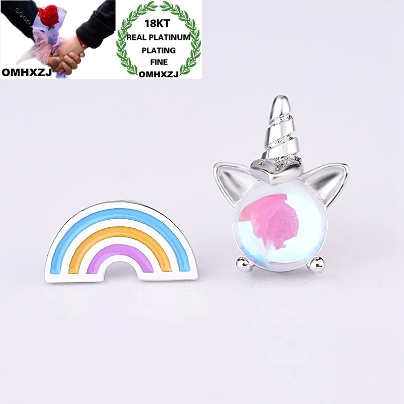 

OMHXZJ EA561 Wholesale European Fashion Woman Girl Party Birthday Gift Unicorn Rainbow Moonstone 18KT White Gold Stud Earrings