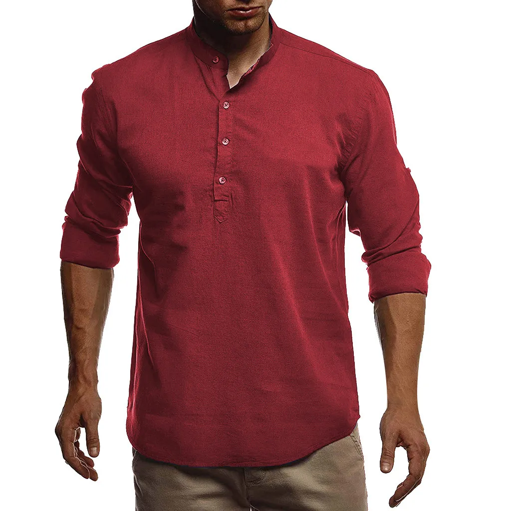 Мужская льняная рубашка SAGACE разноцветная с длинным рукавом и воротником стойкой