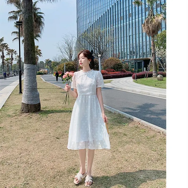 

Sukienki Letnie Damskie Short Sleeve Dress O-Neck Mode Femme Vintage Dresses For Women Casual Off White Vestidos Largos Verano
