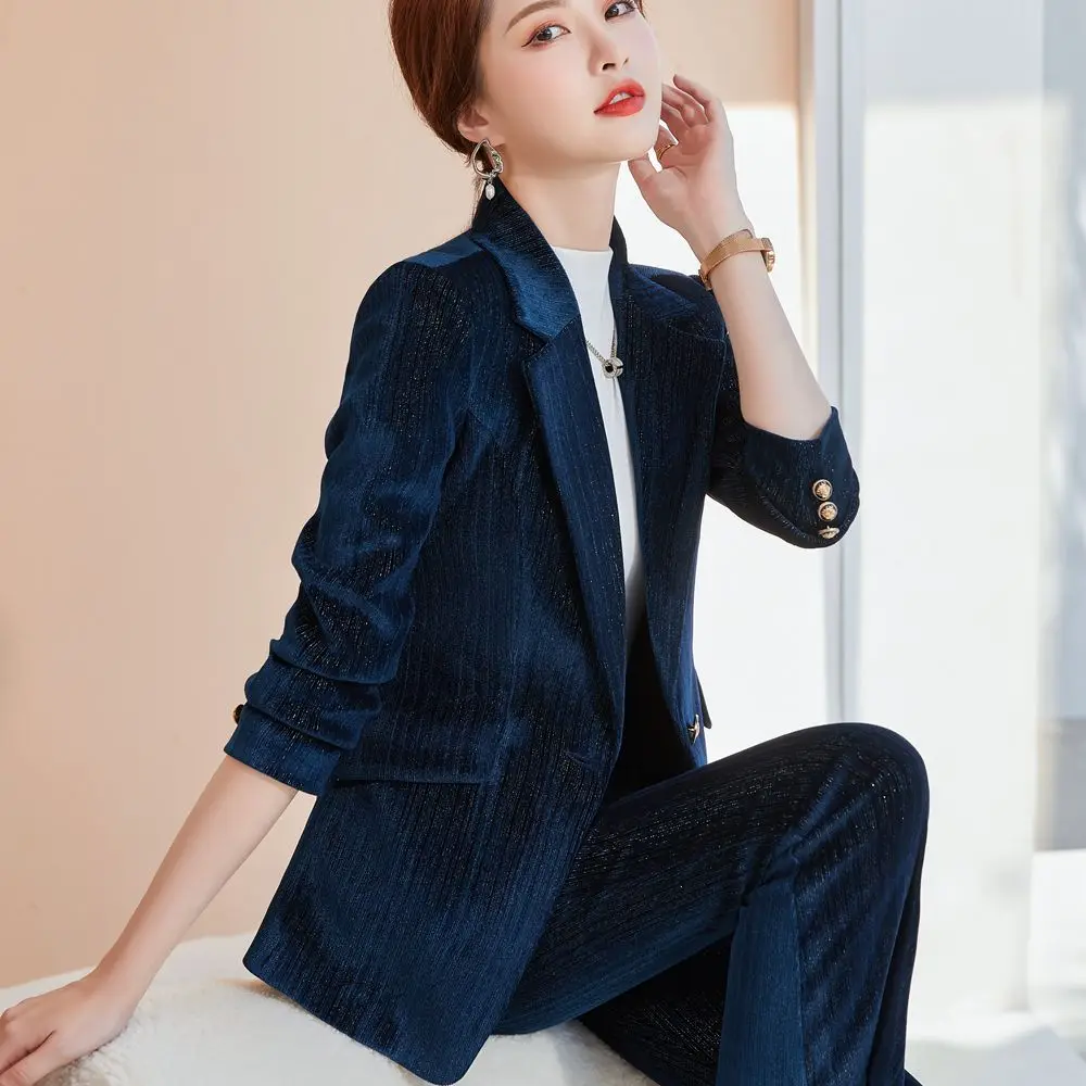 Jacket and Pants Set 2 pieces women's suit coat and trousers women's blue velvet autumn winter office work suit