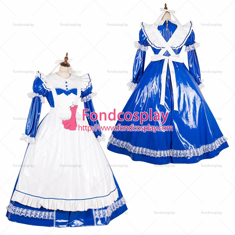 

fondcosplay adult sexy cross dressing sissy maid long lockable blue thin PVC vinyl dress Uniform white apron Tailor-made[G1785]