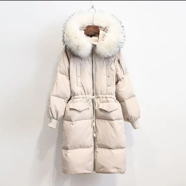 

Real raccoon fur collar mid-length down jacket women thickened over the knee loose