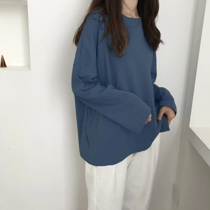 

Элегантная женская блузка с круглым вырезом, весна 2020, с длинным рукавом, универсальный, для офиса, осень, Однотонная рубашка, блуза