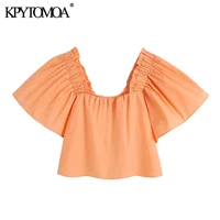 kpytomoa women 2021 sweet fashion with elastic shoulder poplin blouses vintage slash neck puff sleeve female shirts chic tops