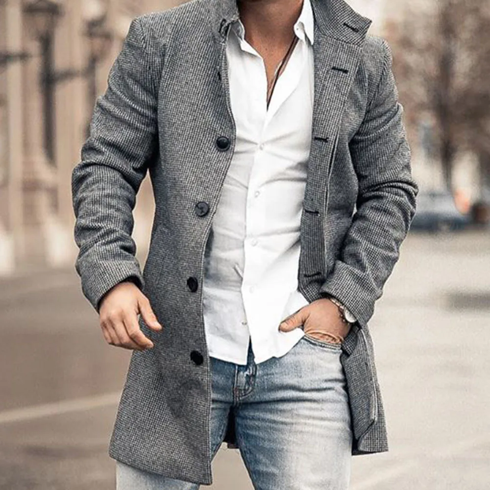 

Men Coat Lapel Long Sleeve Single-Breasted Button Straight Slim Long Trench Young Office Winter Jacket Oversized Coats Winter