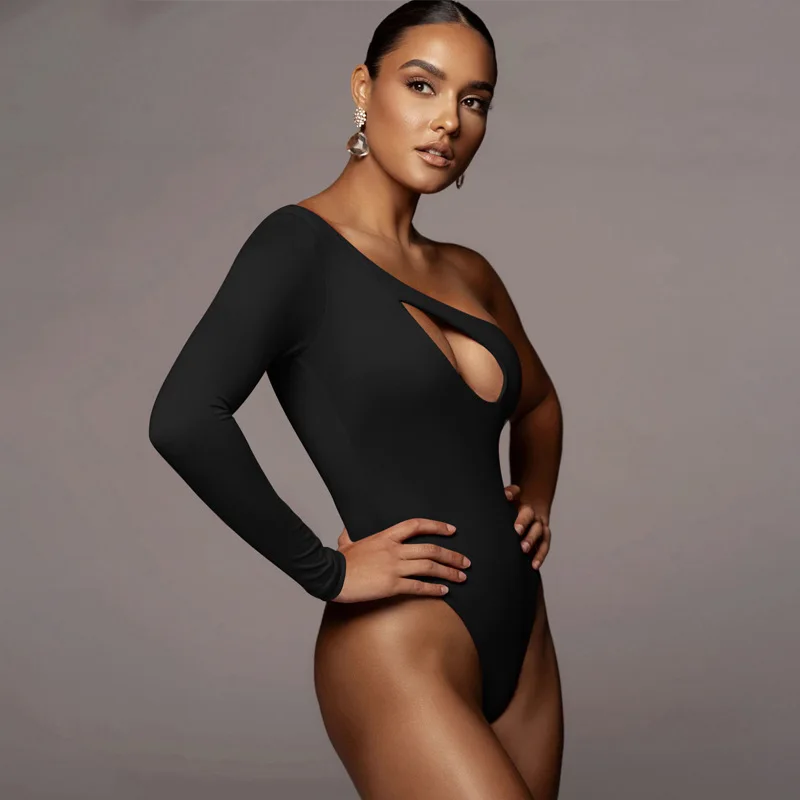 Cryptographic 2021 Spring Sexy Cut-Out Women's Bodysuits Elegant Club Party Solid Tops One Shoulder High Waist Bodysuit Rompers