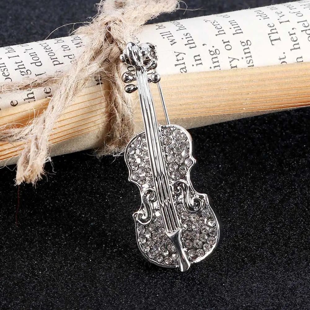 silver Элегантная Брошь из искусственного жемчуга, стразы в форме скрипки, эмалированная булавка на булавке, аксессуары для одежды, модное ювелирное изделие, подарки для женщин - Окраска металла: silver
