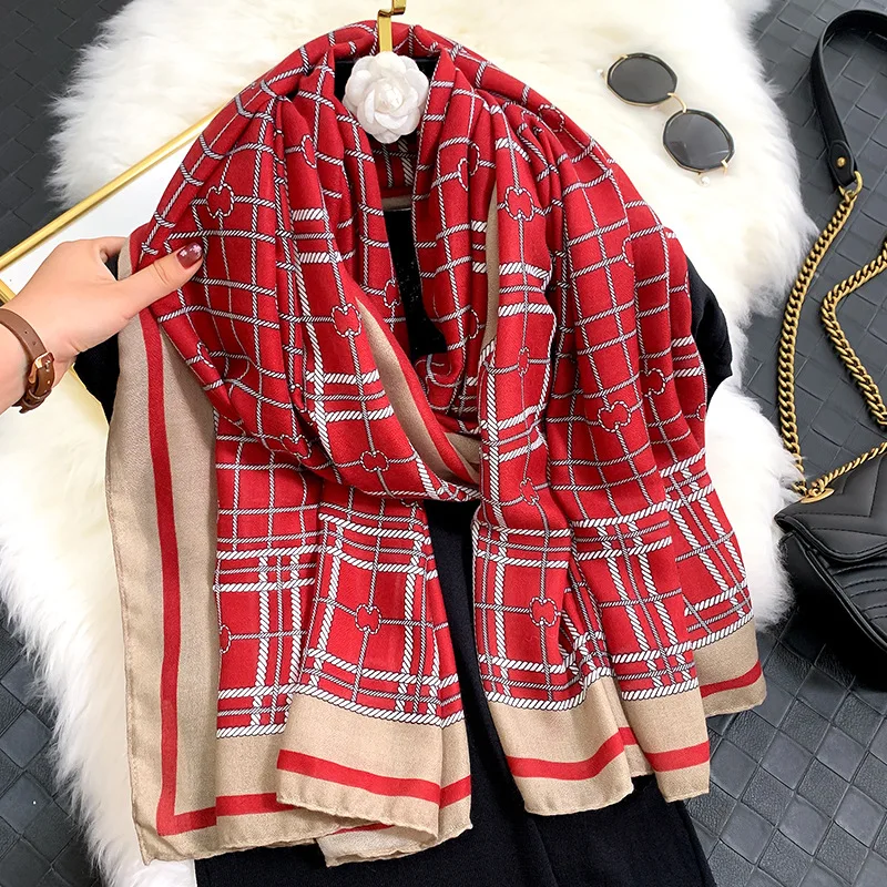 

2021 New Army Green Cotton Scarf Women Plaid Print Warm Large Shawls Female Pashmina Spring Autumn Foulard Hijabs Headband Wraps