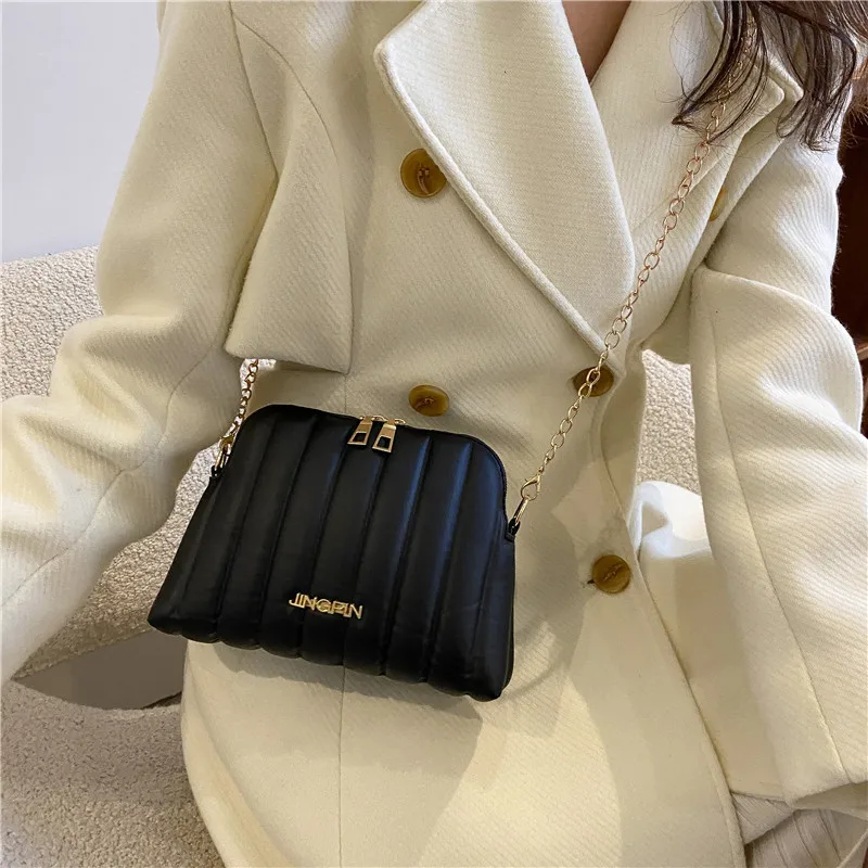 

Winter Striped Women's Crossbody Bag Simple Female Shoulder Bag PU Chain Letter Lipstick Bag for Ladies Fashion Shopper Pouch