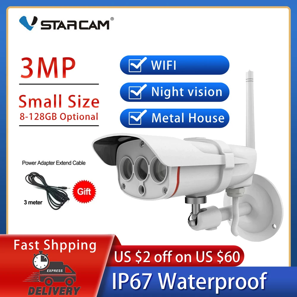 

VStarcam 3MP цилиндрическая Мини Wi-Fi IP-камера наружная 1080P Камера Безопасности Водонепроницаемая IP67 ИК Ночное Видение CCTV гаражная камера металли...