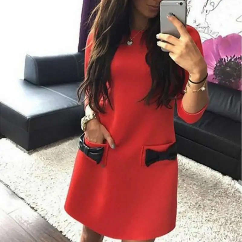 

Women Bow Mini Dresses New Arrival Winter Spring Straight Casual Dress Three Quarter Sleeves Solid Dress