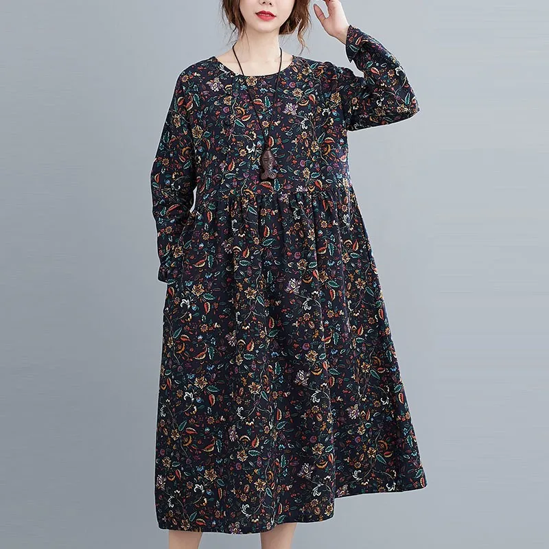 Женское хлопковое льняное длинное платье Новое поступление осень 2020 винтажный