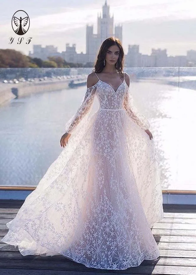 Новое поступление Vestidos De Novia Спагетти ремень с длинным рукавом, кружевное платье А-силуэта с свадебные платья в стиле Country