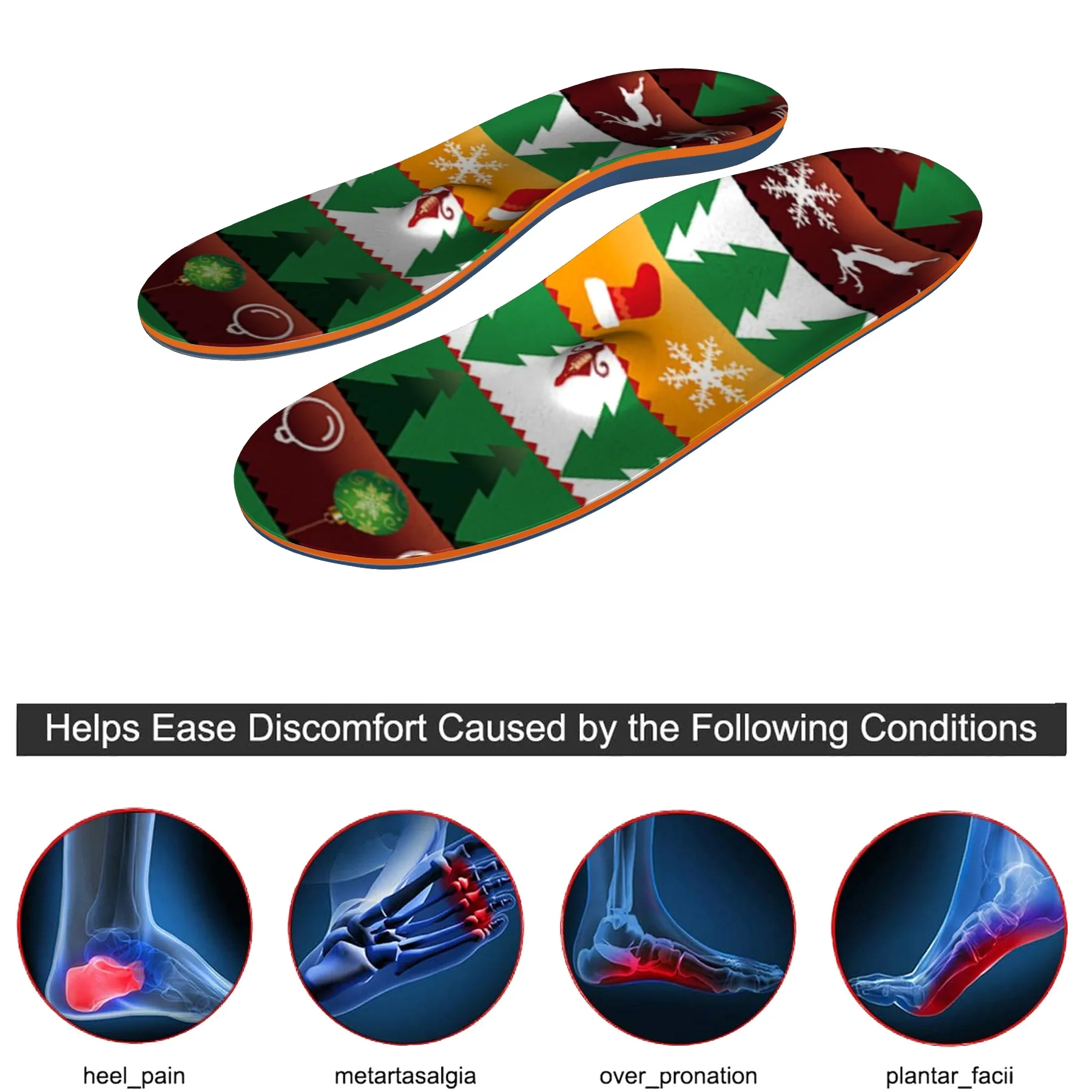 Christmas tree pattern, fashion insoles, plantar fasciitis, arch support, orthopedic insoles, flat foot pain, heel spur correcti