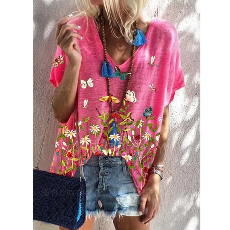 

Пуловер женский, летний, с V-образным вырезом и коротким рукавом, с цветочным принтом в виде бабочек, свободный, 2021