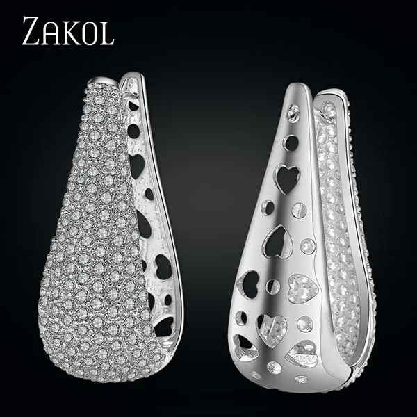 Бренд ZAKOL, роскошные свадебные ювелирные изделия для невесты, микро инкрустация кубическим цирконием, большие каплевидные серьги-кольца белого цвета, серьги FSEP601 - Окраска металла: Sliver Color