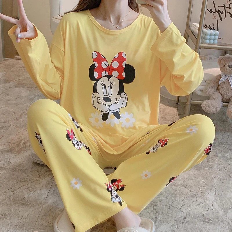

2pcs Disney Pajamas Sets Cotton Cute Cartoon Mickey Minnie Dumbo Squirrel Bear Sleepwear Polka Dot Pants Home Clothing Nightgown