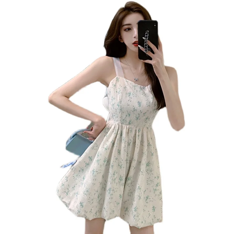 

Kimotimo Floral Spaghetti Strap Dress Women French Temperament Sexy Backless Bow Belt Sweet Mini Bud Princess Dresses Vestidos