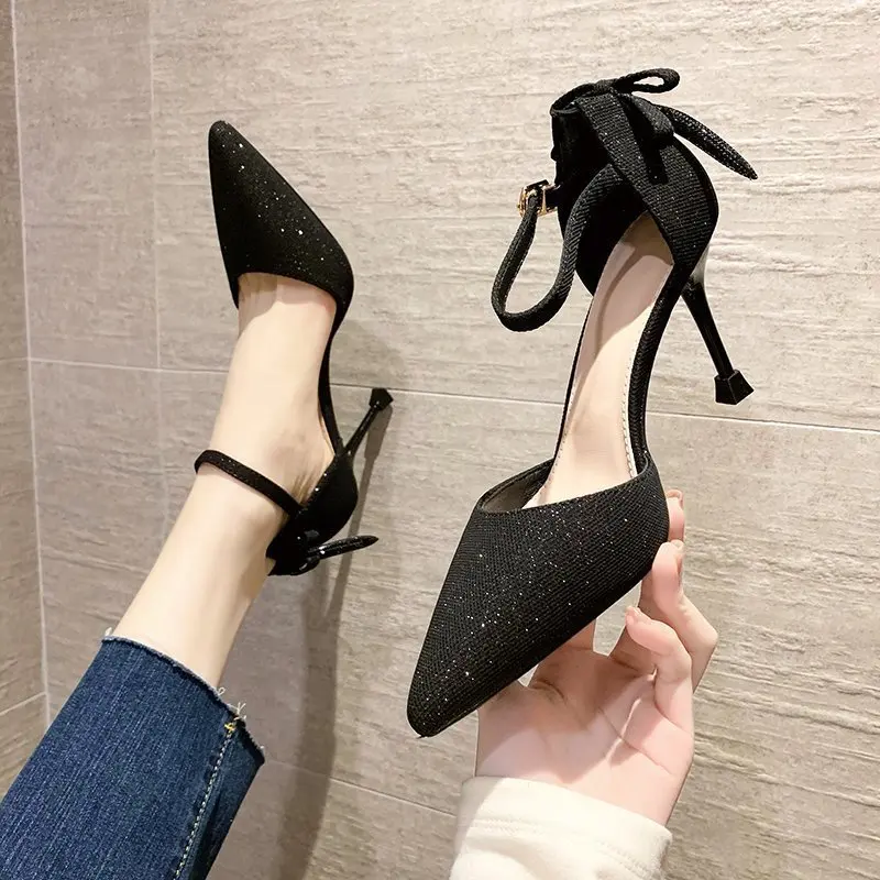 

New Women's Fashion Black Bowknot Buckle with Toe High Heels Pumps Stiletto Women Sandals Ladies Party Dress Shoes