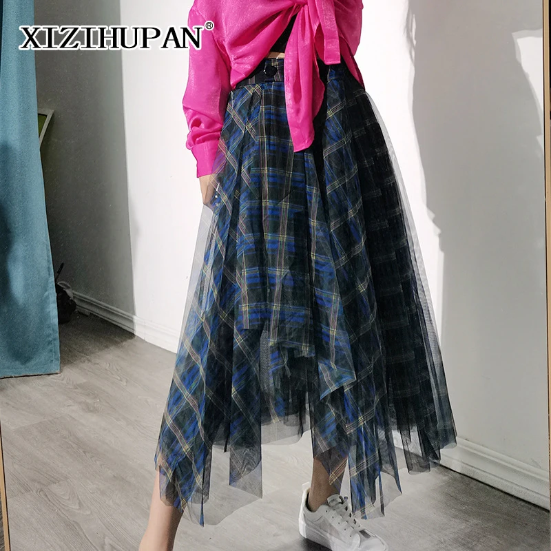 

XIZIHUPAN Vintage Plaid Skirt For Women High Waist Patchwork Mesh Hit Color Midi Skirts Females Summer Fashion Clothing 2021 New