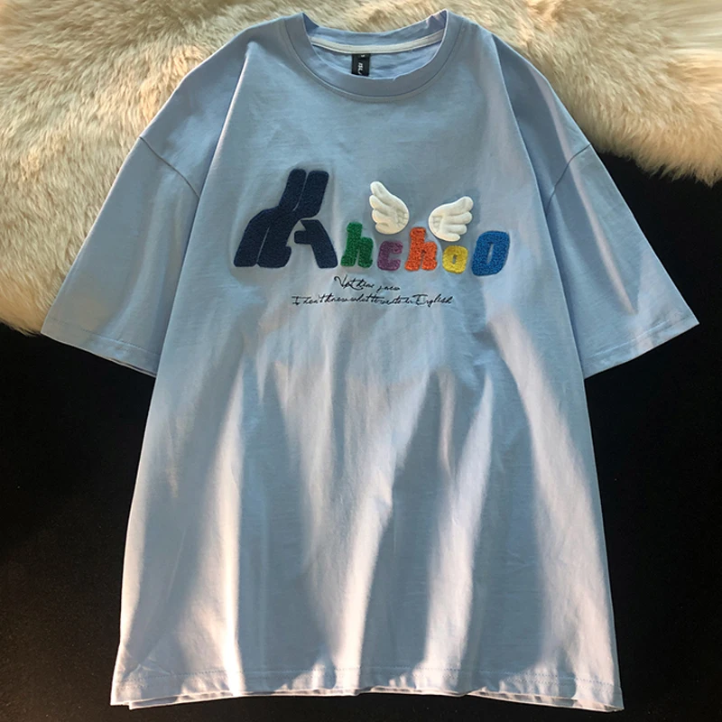 

Heavy Industry Embroidery Harajuku Short-sleeved T-shirt Women Loose Shirt Angel Oversized T-shirt Short-sleeved T-shirt Women