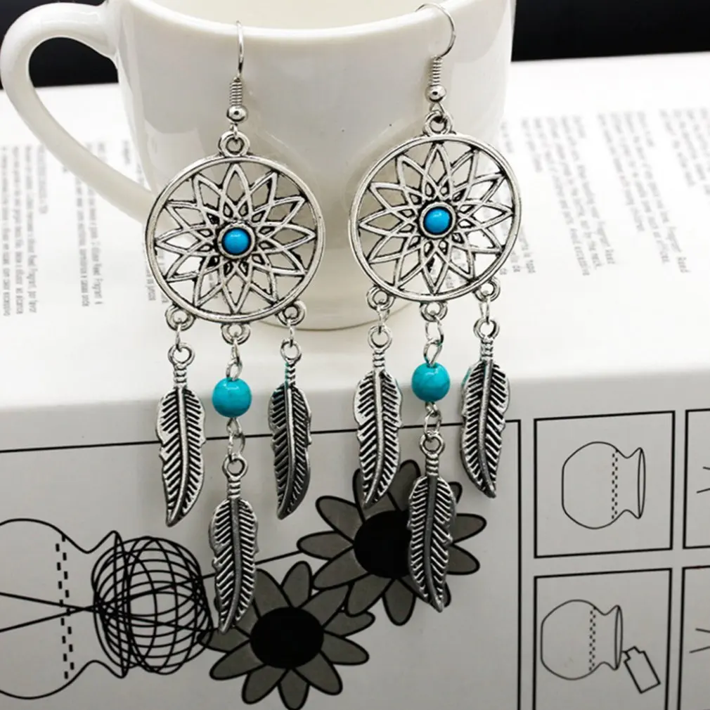 Женские серьги-капельки с посеребренным покрытием в богемском стиле перьями