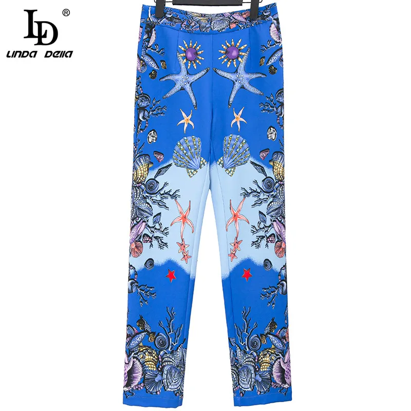 

LD LINDA DELLA 2021 Summer Fashion Designer Pants Suit Women Elegant Short sleeve Print Top and Slim Long Pants Two Piece Set