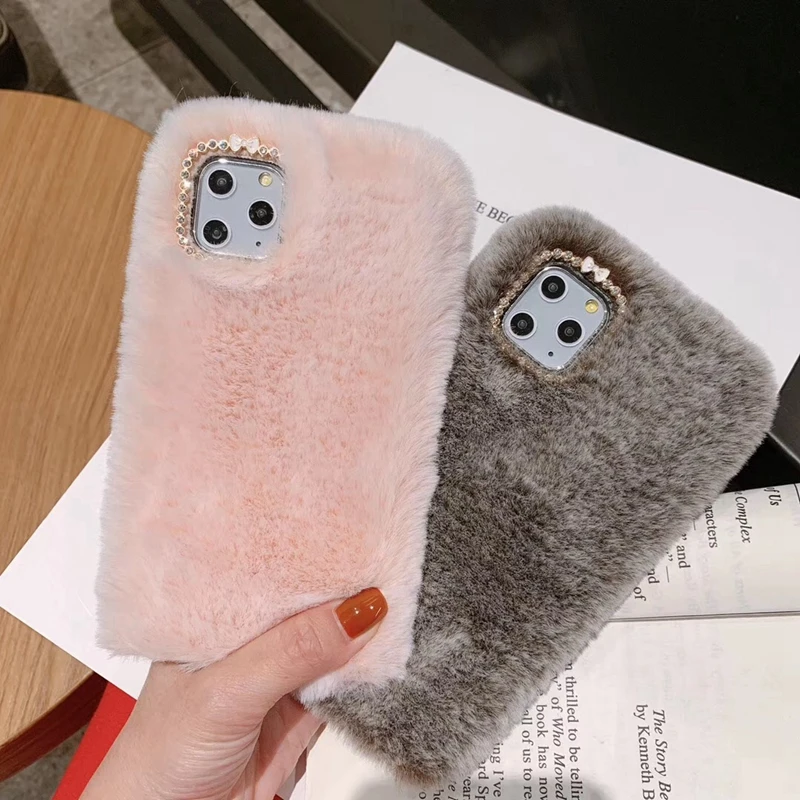 Роскошный чехол из кроличьего меха для iPhone 11 11Pro Max X XS XR 8 7 6 6S Plus с блестящими
