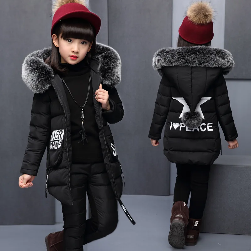

Girl Clothing Sets for Russia Winter Hooded Warm Vest Jacket + Warm Top Cotton Pants 3 Pieces Clothes Cotton Coat with Fur Hood