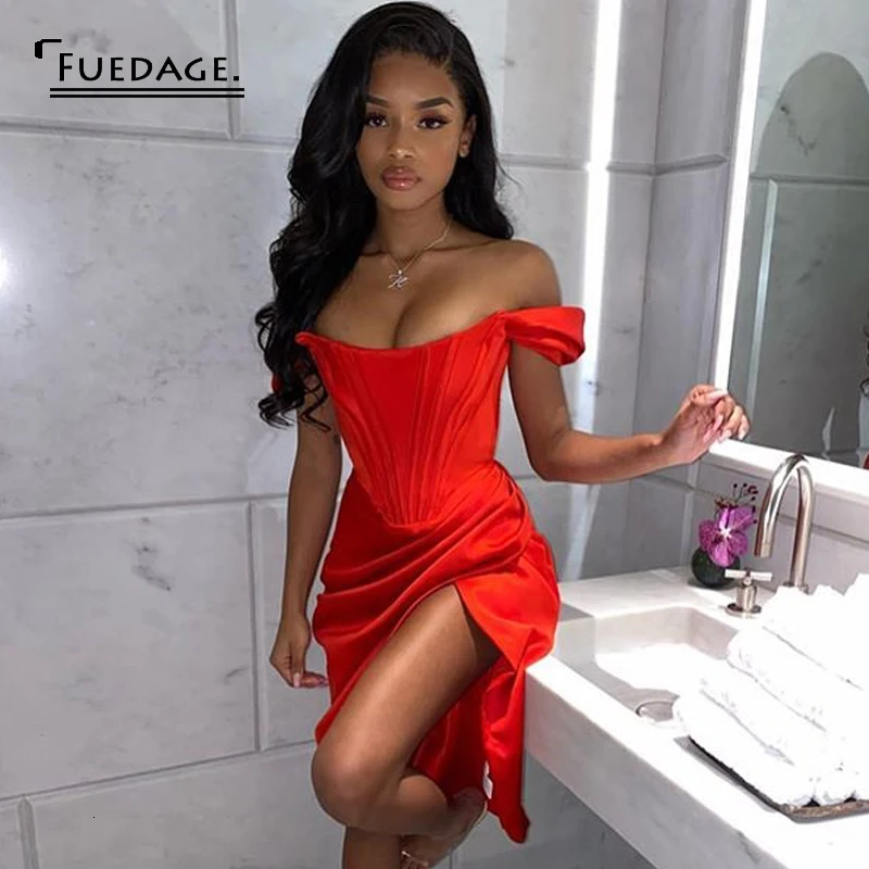 Женское Клубное платье с рюшами Fuedage красное вечернее миди высоким разрезом