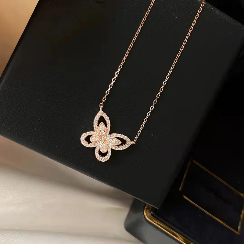

Elegant fashion zircon butterfly pendant S925 sterling silver necklace original brand high quality jewelry logo female gift