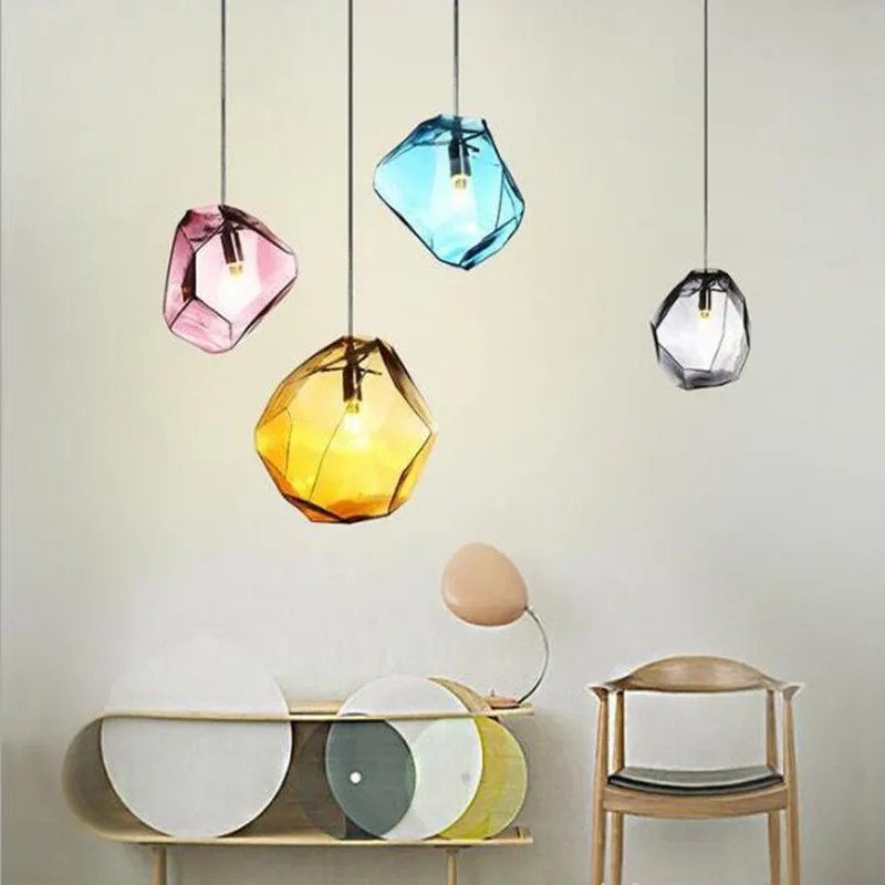 

New Nordic Multicolored Crystal Pendant Lamp Concise Glass Diamond Dining Room Study Designer Hanging Lamp with Led Bulbs Modern