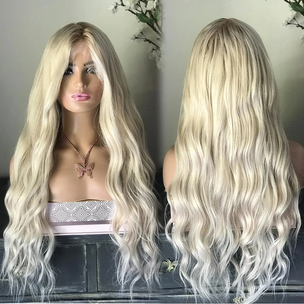 

Rooted Platinum Blonde Wig Pre-plucked 13x6 Lace Front Wig #60 with Ligth Brown Roots 28" Ombre Human Hair Wigs Glueless 180%