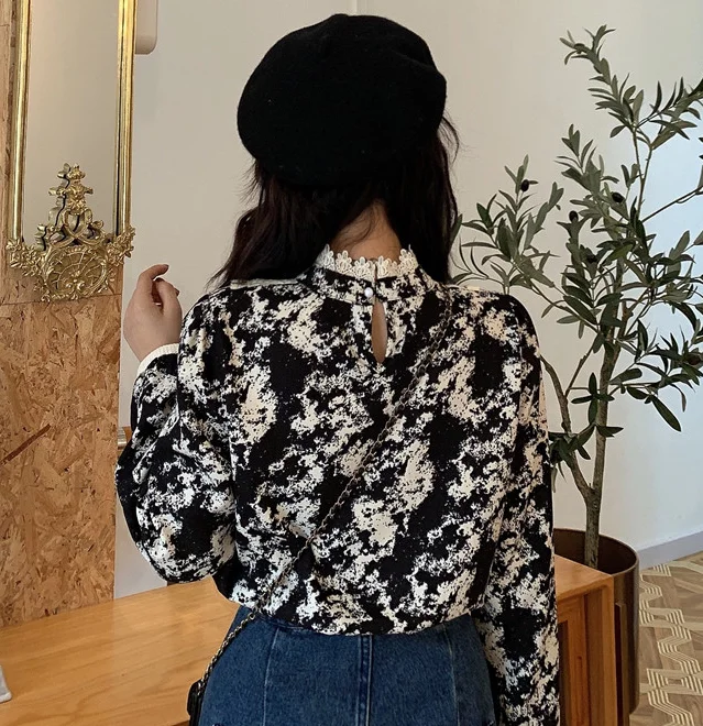 

Winter Korean style Thick blouse Stand collar Retro Bow tie lace Tops New fashion Women Long sleeve Printed shirt