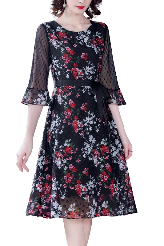 

COIGARSAM 4XL Plus Size Fashion Floral Print Women dress New Spring French Style High Waist Dresses Black 1630