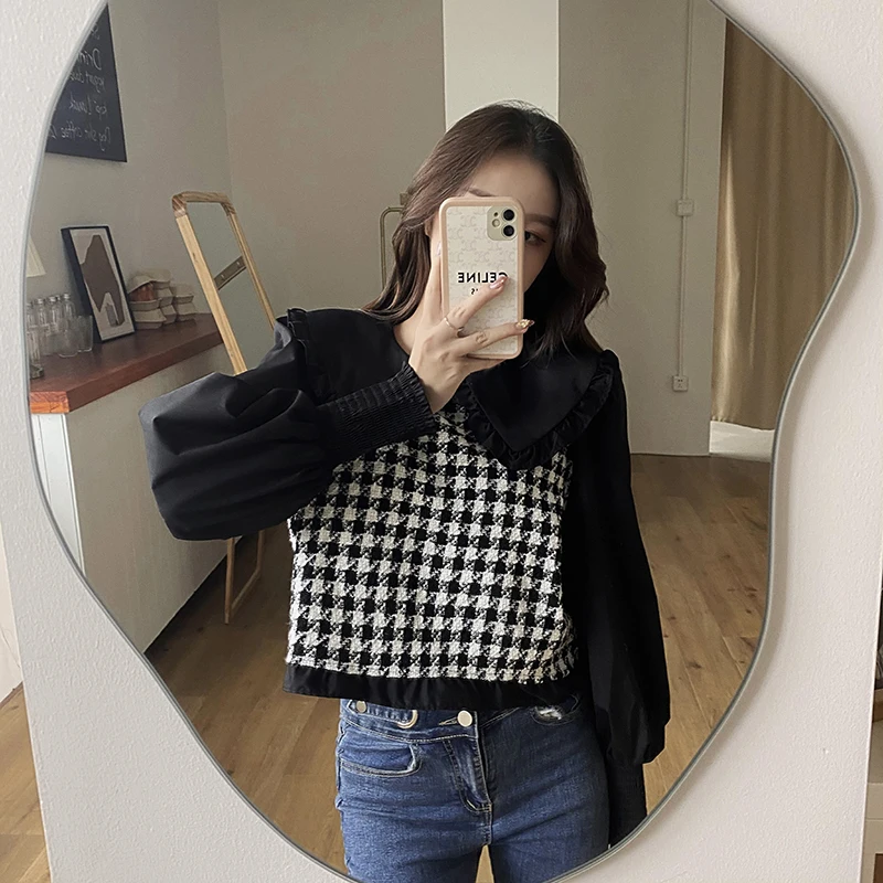 

Deeptown Plaid Blouse Women Lantern Sleeve Splicing Long Shirts Peter Pan Collared Shirt Preppy Style Kawaii Grid Black Blouses