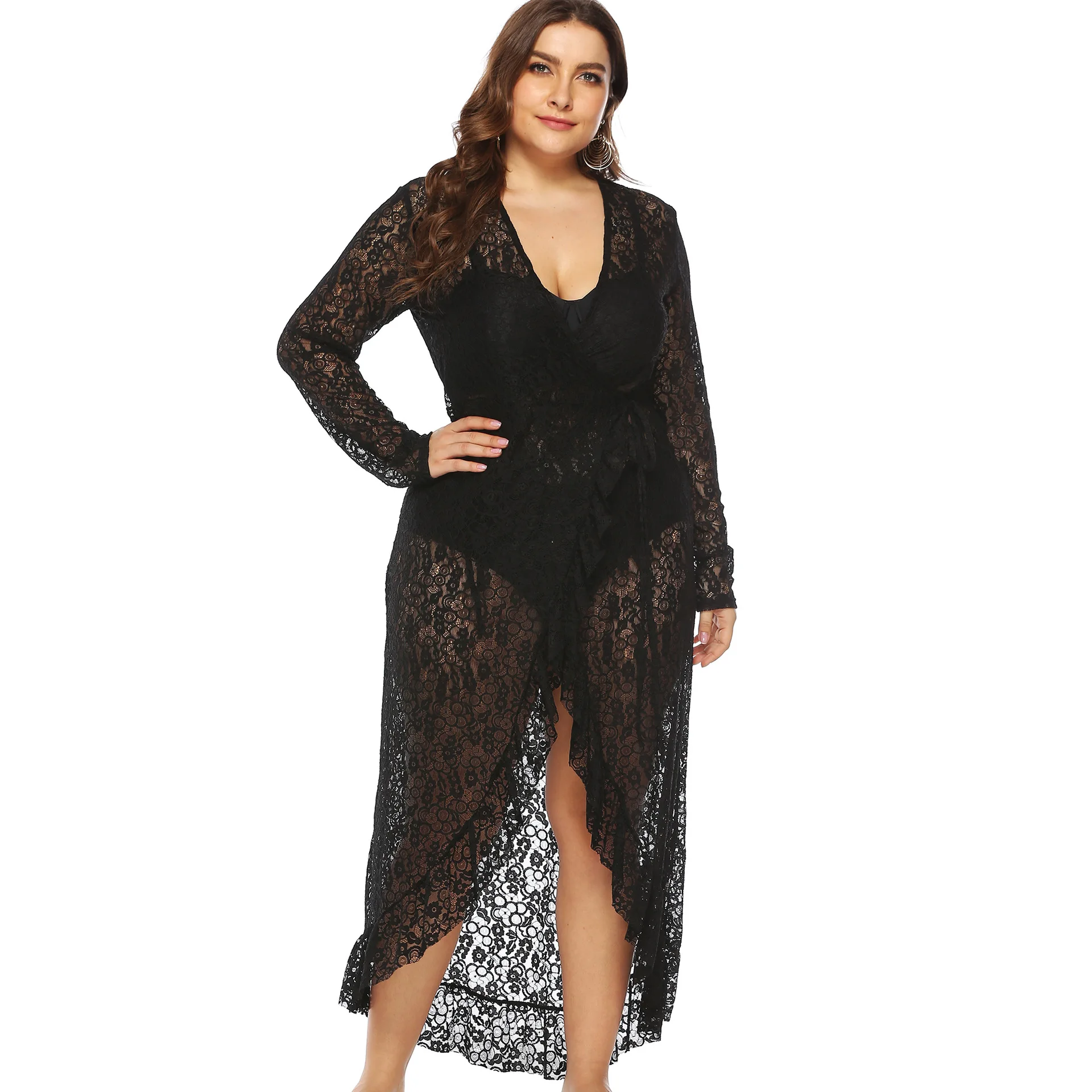 

Women's Sexy Perspective Lace Deep V Irregular Lotus Lace Strap Beach Dress