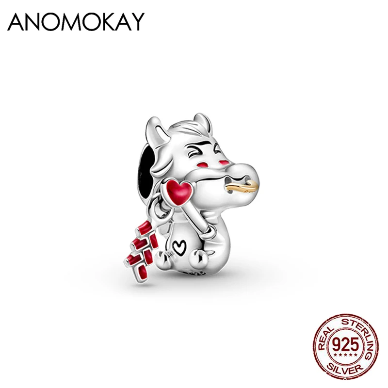 

Anomokay New 925 Silver Zodiac Ox Charms with Red Enamel Fireworks Real Sterling 925 Silver Cow Beads for DIY Bracelet Necklace