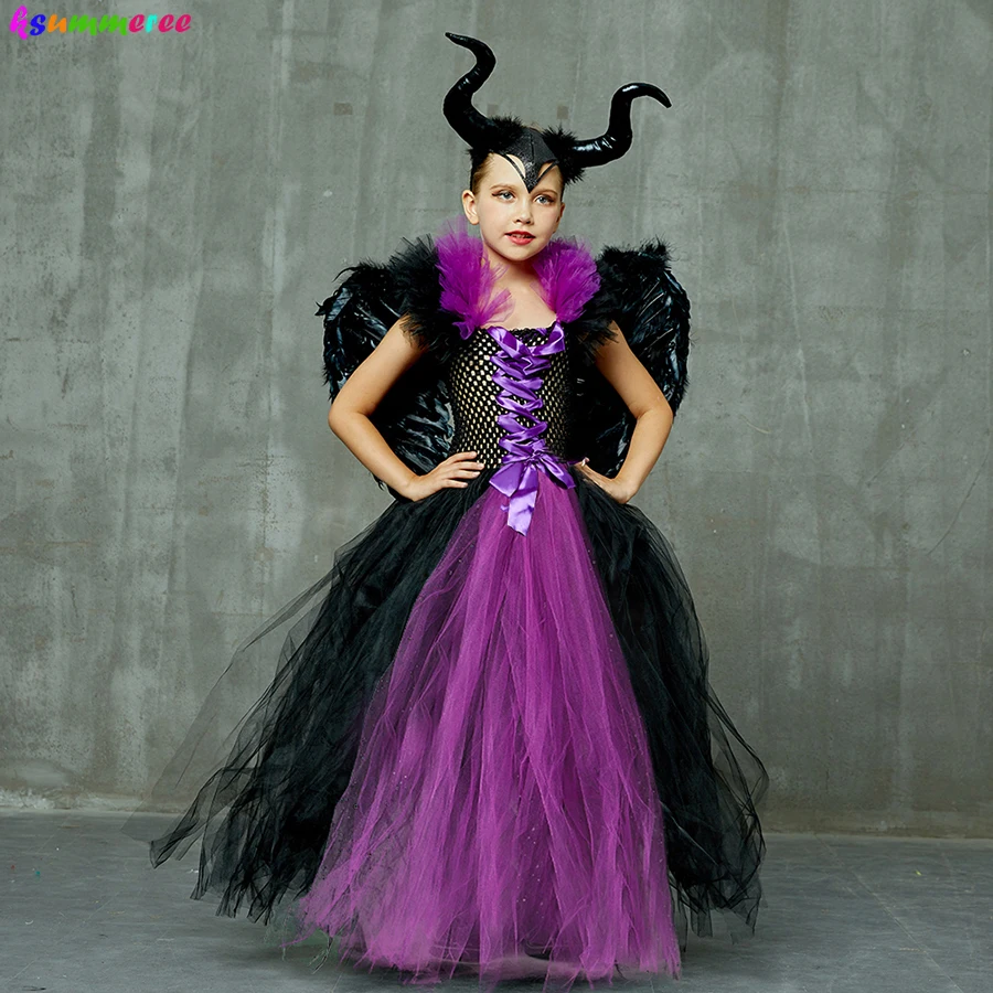 3 pezzi Costume di Halloween vestito Deluxe ragazze fantasia battesimo abito nero abito Tutu bambini demone regina strega abbigliamento