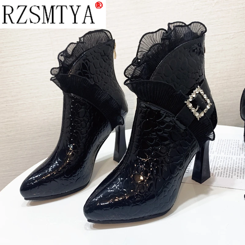 

Rimocy Women Sexy Pointed Toe Super High Heels Ankle Boots Autumn Winter Warm Short Plush Booties Woman Shiny Sequin Botas Mujer