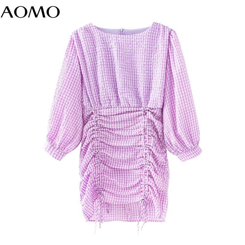 

AOMO fashion women plaid print dress puff Long Sleeve Ladies sexy strap mini Dress Vestidos 3R17A