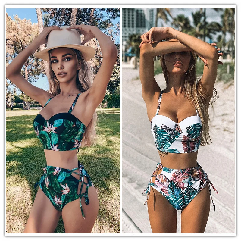 

High Waist Swimwear 2021 New Leaf Print Bikinis Women Swimsuit Vintage Retro Bathing Suit Halter Biquini Maillot de bain femme