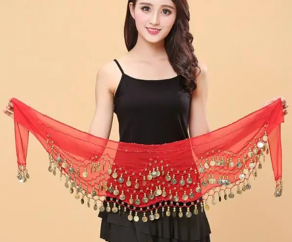 Женский набедренный платок для танца живота трёхрядный пояс-юбка с золотым тоном